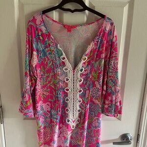Pink Printed Tunic Dress with White Eyelet Trim